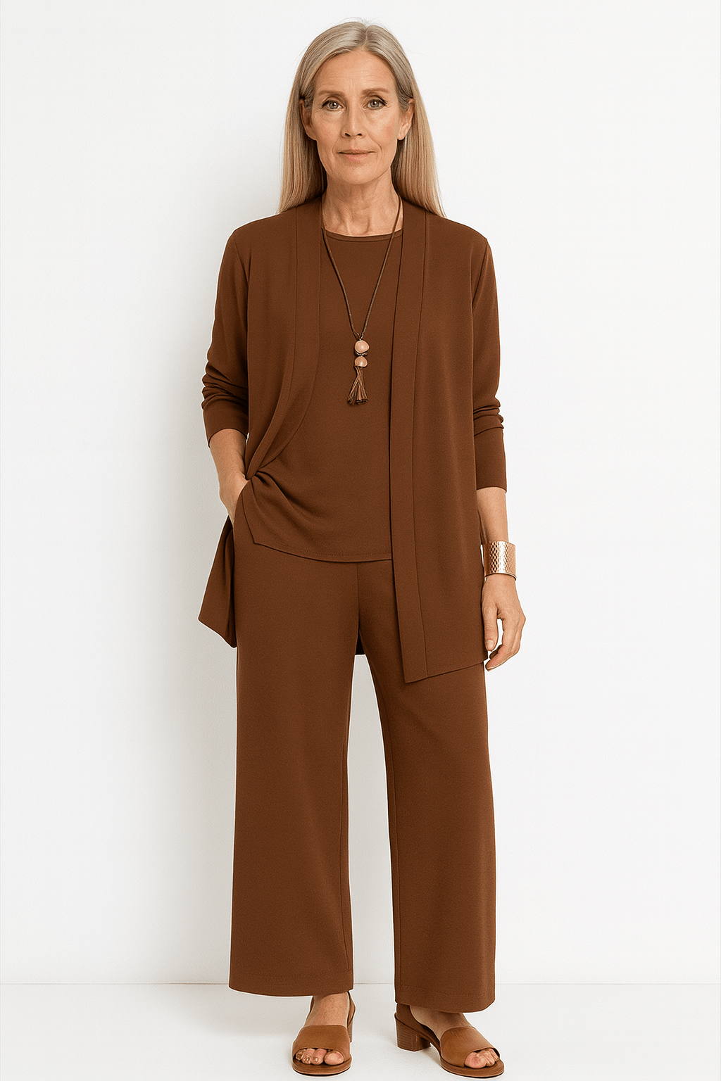 Longline Cardigan Top and Wide Leg Pants Three Piece Set