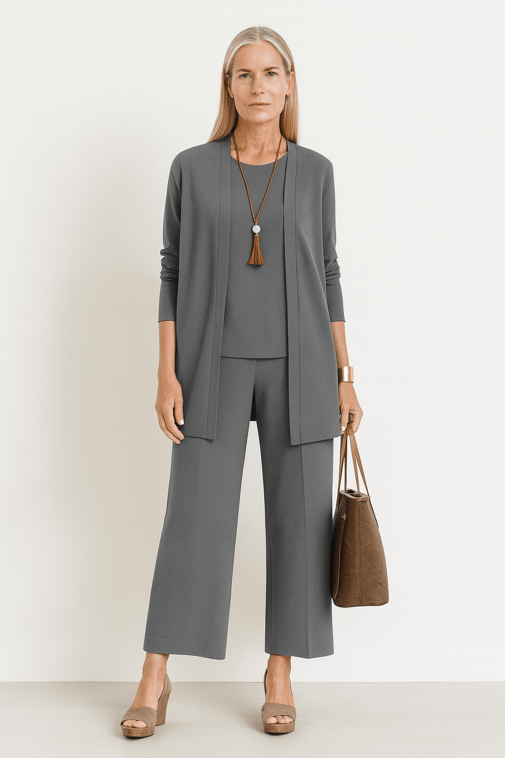 Longline Cardigan Top and Wide Leg Pants Three Piece Set