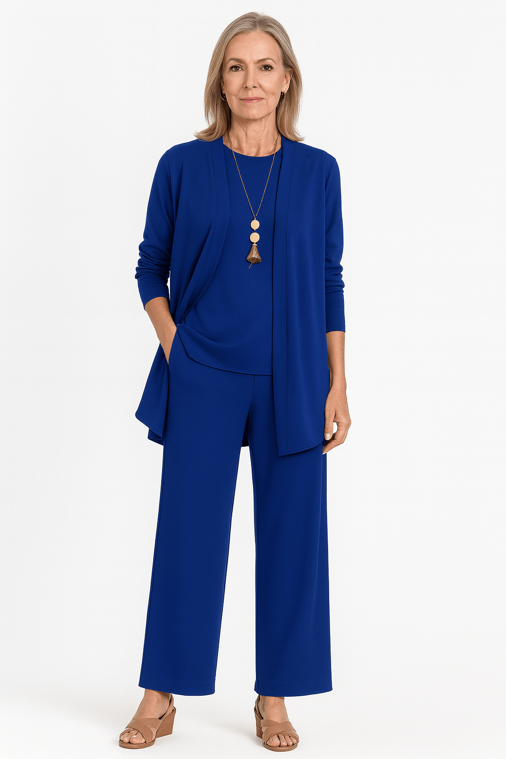 Longline Cardigan Top and Wide Leg Pants Three Piece Set