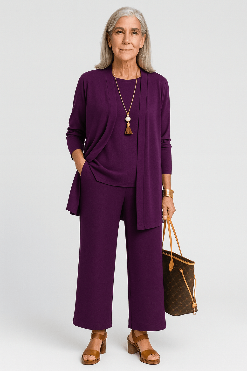 Long Cardigan Tank Top and Wide Leg Pants Three Piece Knit Set