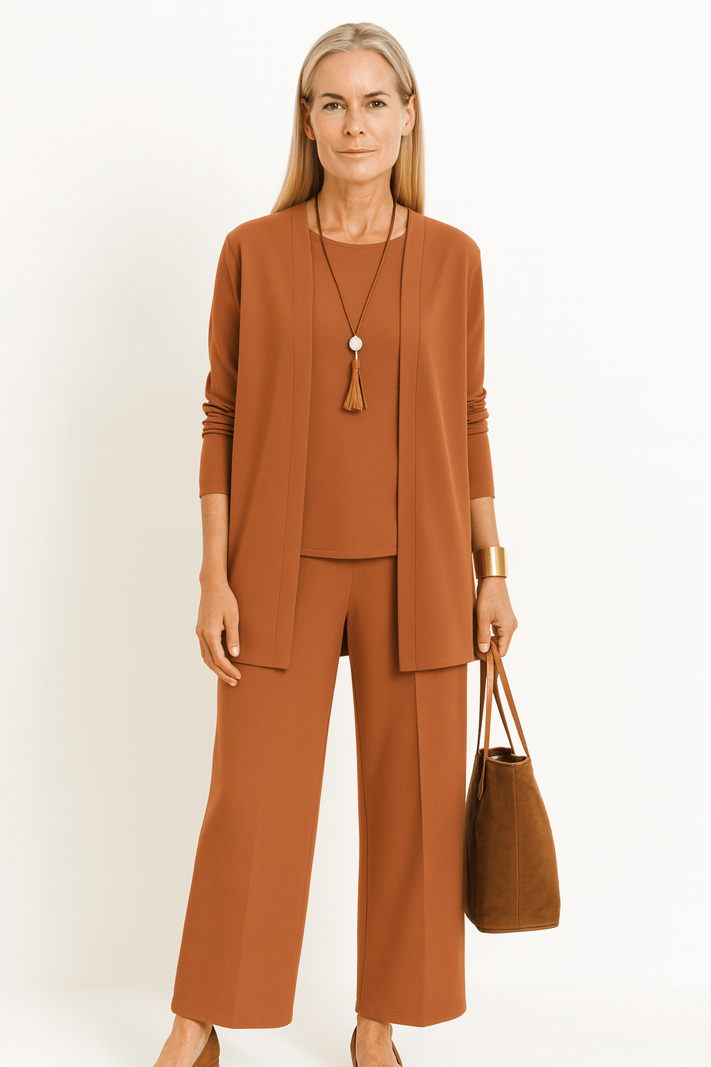Long Cardigan Tank Top and Wide Leg Pants Three Piece Knit Set