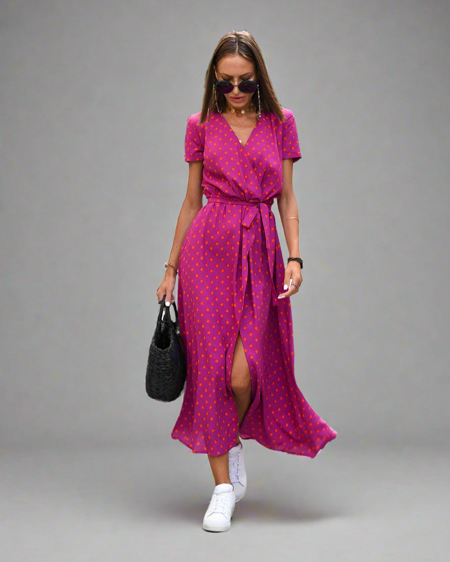 Wendy Elegant A-line Dress with V-neck and Floral Pattern for Women