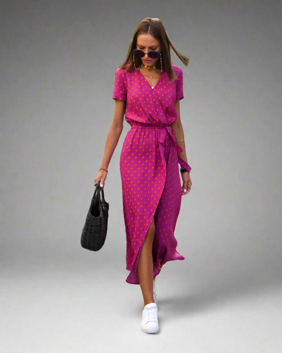 Wendy Elegant A-line Dress with V-neck and Floral Pattern for Women