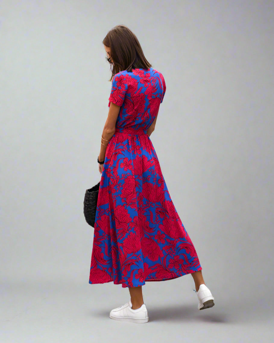 Wendy Elegant A-line Dress with V-neck and Floral Pattern for Women