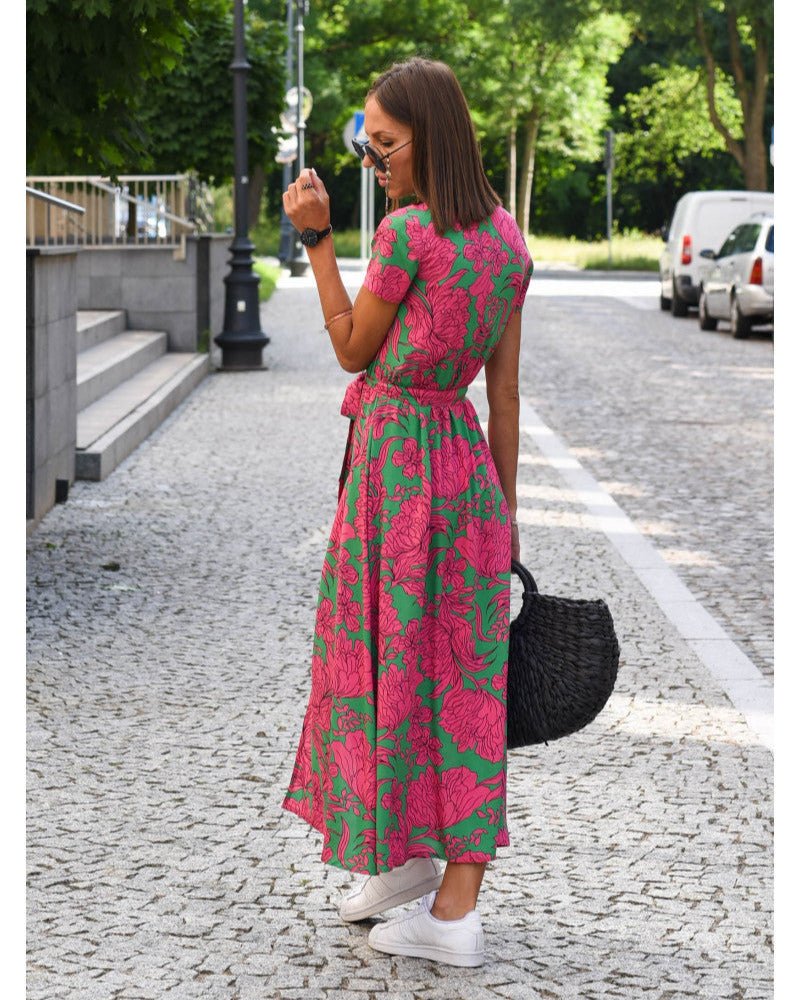 Wendy Elegant A-line Dress with V-neck and Floral Pattern for Women