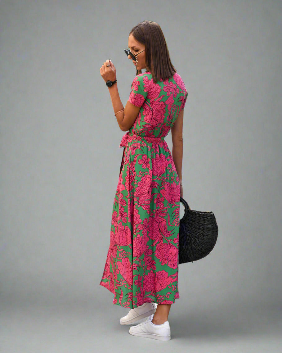 Wendy Elegant A-line Dress with V-neck and Floral Pattern for Women