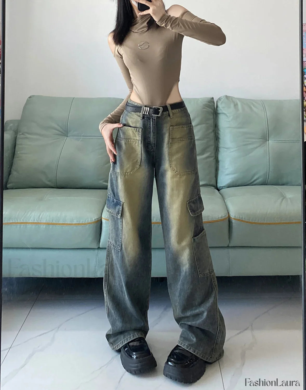 American Vintage Style Trendy Pocket Cargo Boyfriend Jeans