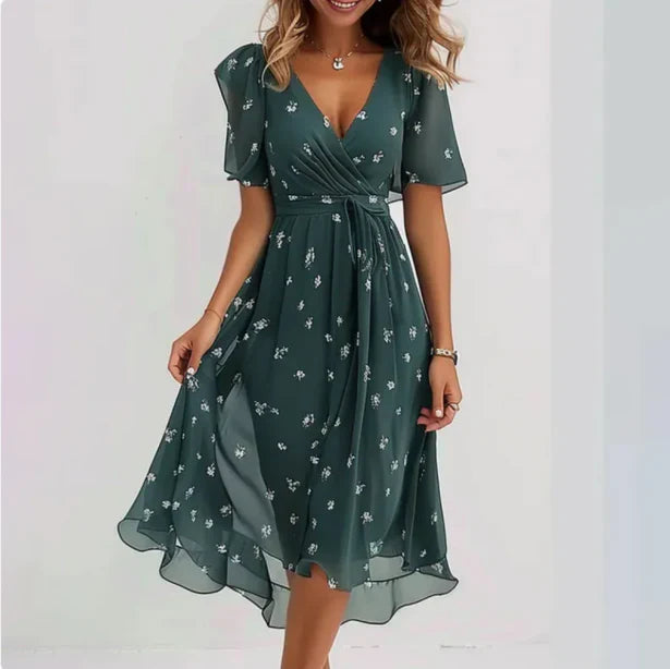 Ditsy Floral Chiffon V-Neck Short Sleeve Wrap Midi Dress