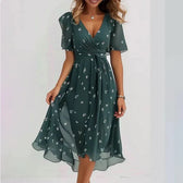 Ditsy Floral Chiffon V-Neck Short Sleeve Wrap Midi Dress