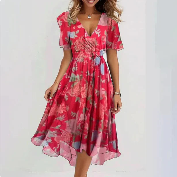 Ditsy Floral Chiffon V-Neck Short Sleeve Wrap Midi Dress 2
