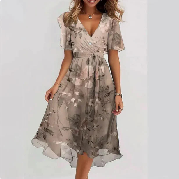 Ditsy Floral Chiffon V-Neck Short Sleeve Wrap Midi Dress 3