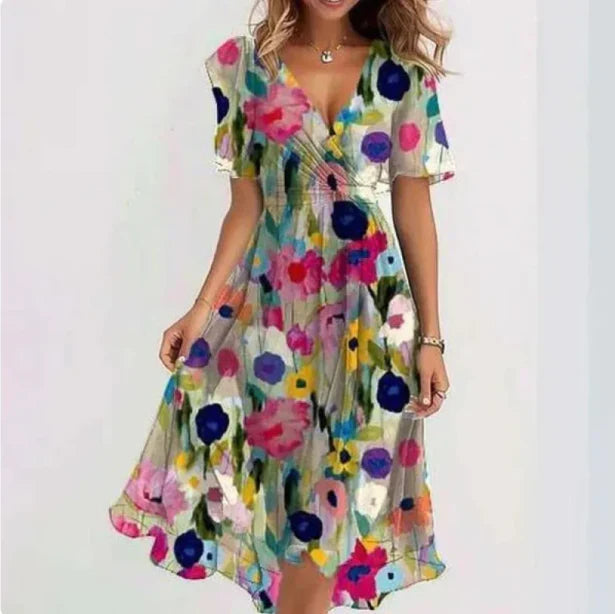 Ditsy Floral Chiffon V-Neck Short Sleeve Wrap Midi Dress 4