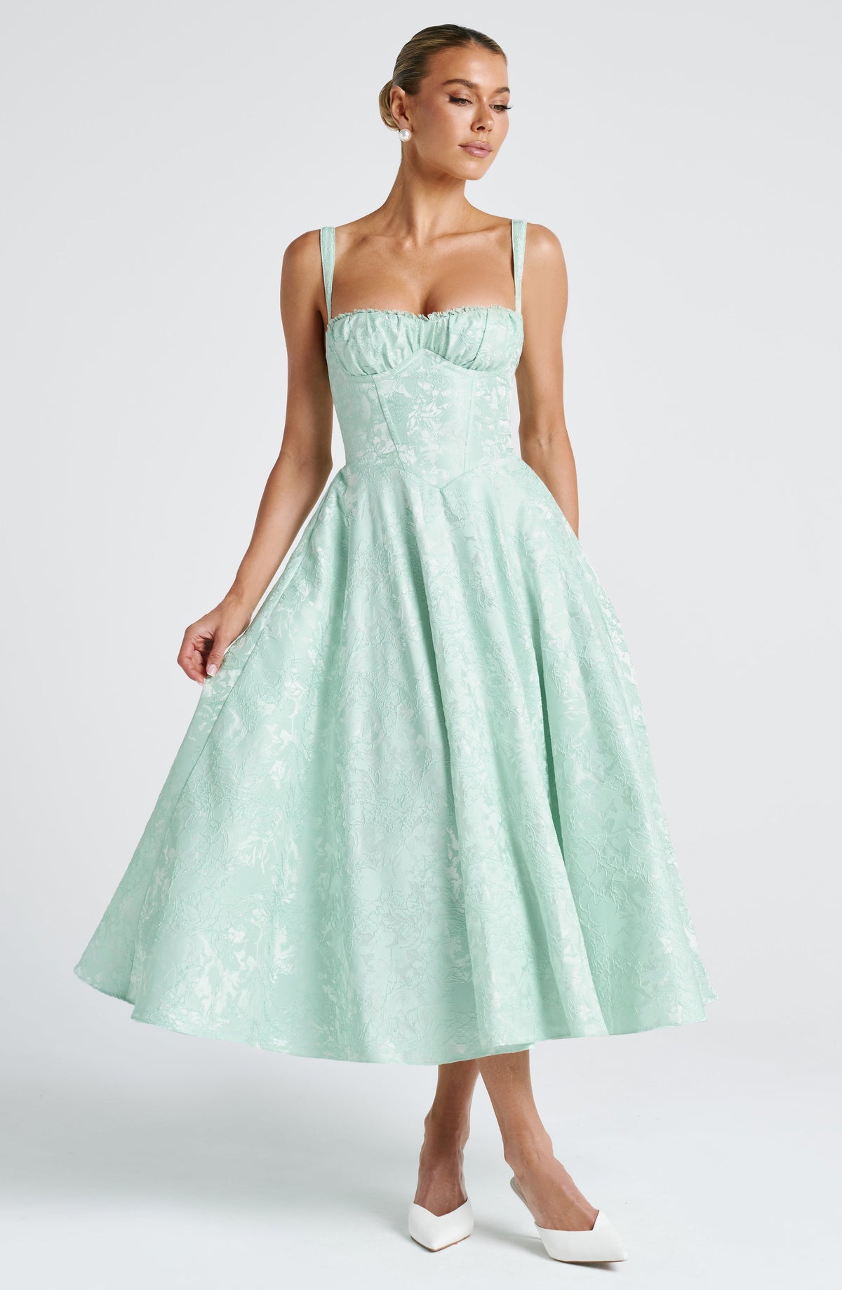 Floral Jacquard Sweetheart Neck Corset Bodice A-Line Midi Dress 8