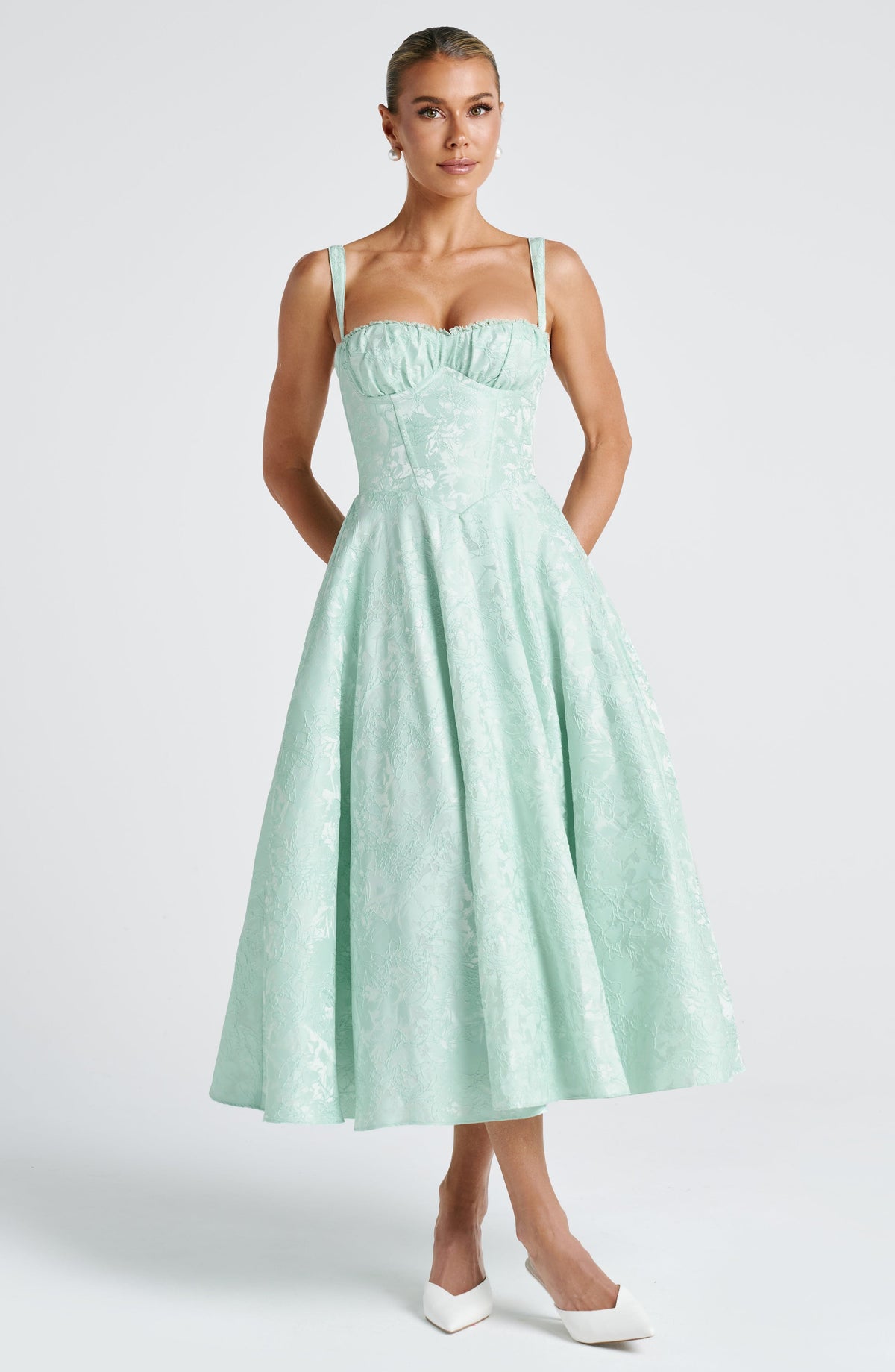 Floral Jacquard Sweetheart Neck Corset Bodice A-Line Midi Dress 9