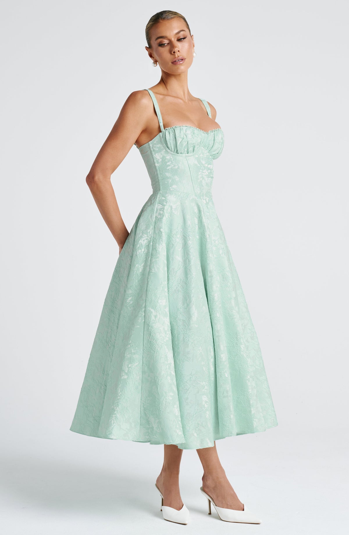 Floral Jacquard Sweetheart Neck Corset Bodice A-Line Midi Dress 6