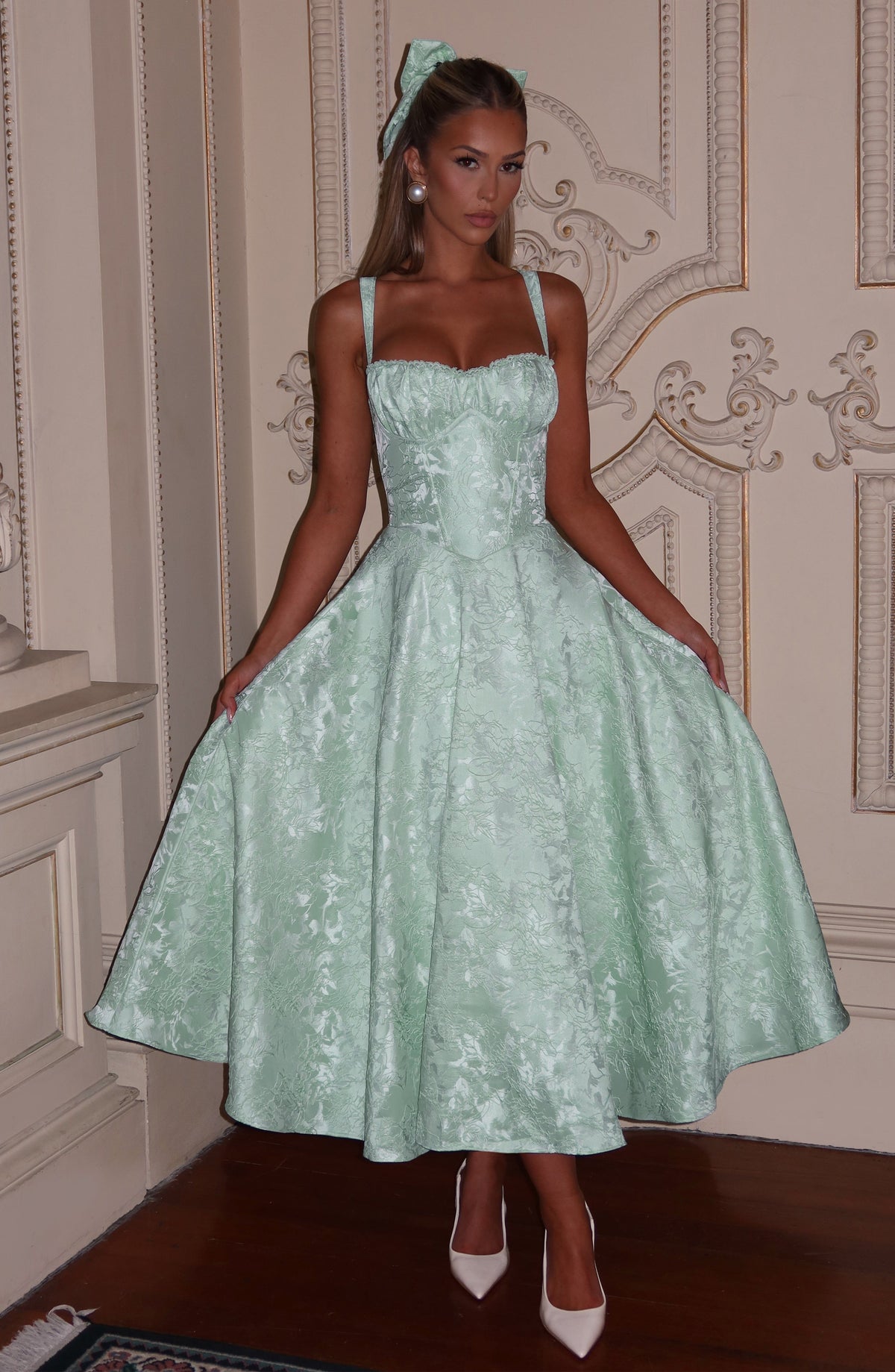 Floral Jacquard Sweetheart Neck Corset Bodice A-Line Midi Dress 3