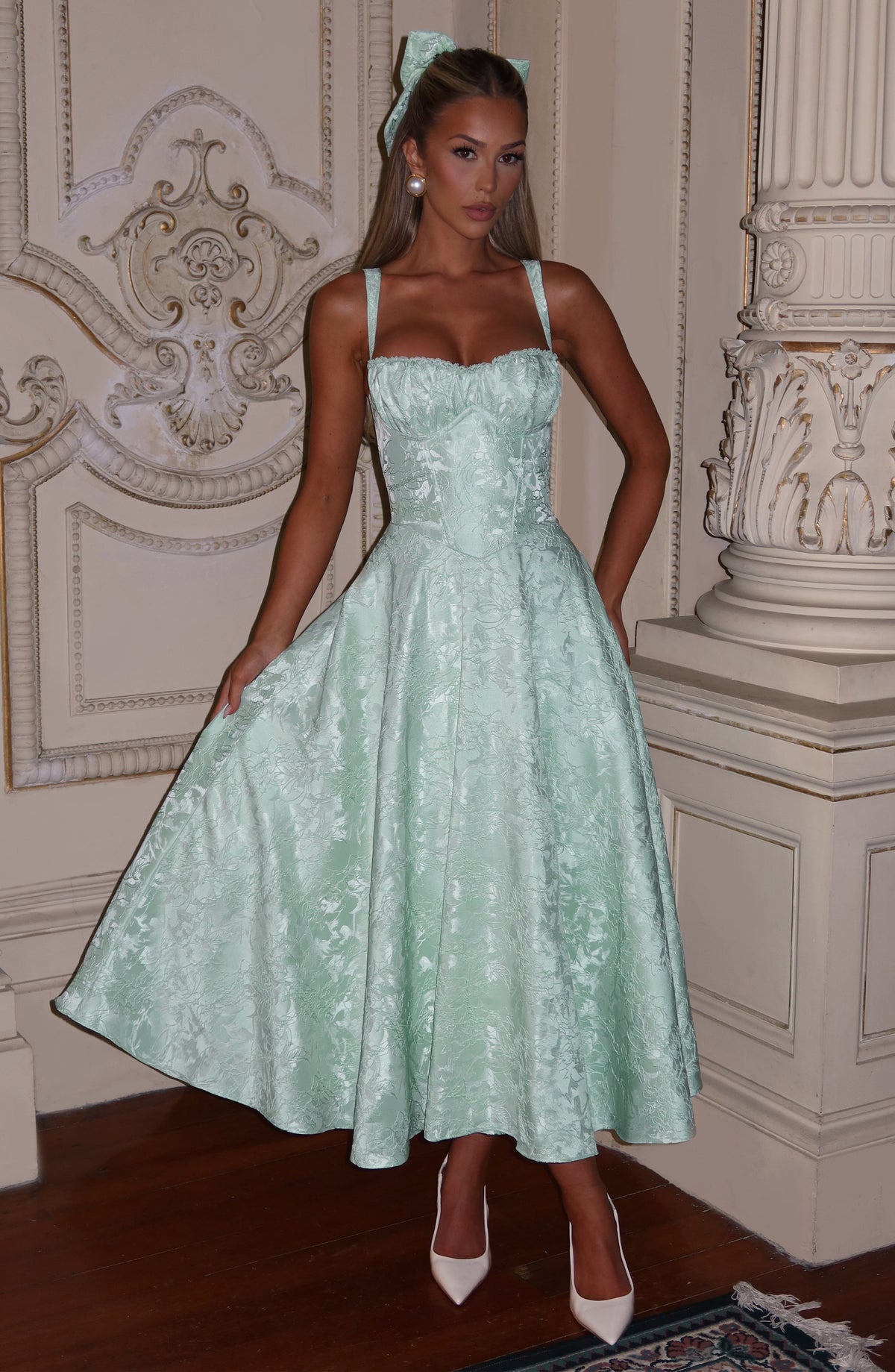Floral Jacquard Sweetheart Neck Corset Bodice A-Line Midi Dress