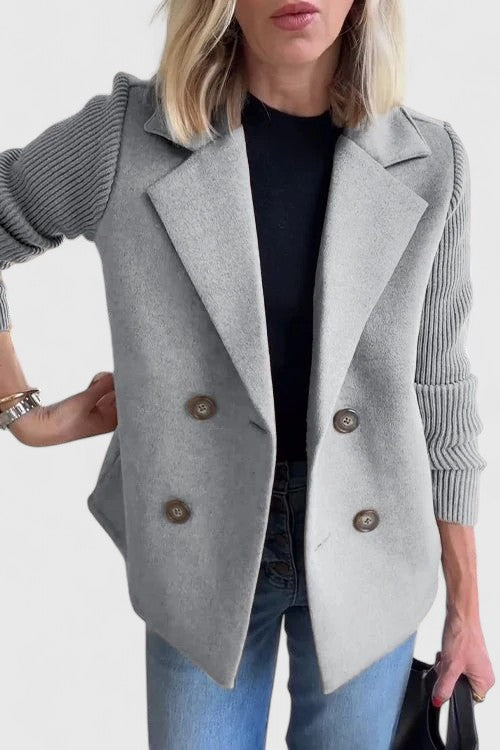 Notch Lapel Double Breasted Ribbed Knit Sleeve Blazer