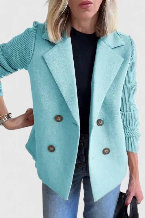 Notch Lapel Double Breasted Ribbed Knit Sleeve Blazer