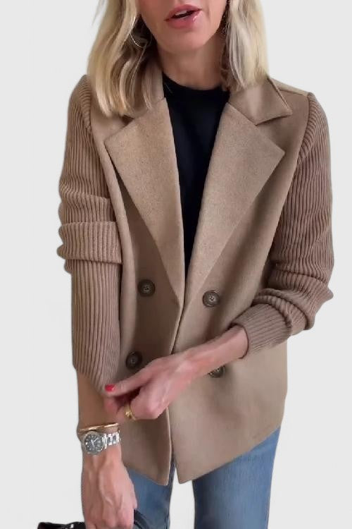 Notch Lapel Double Breasted Ribbed Knit Sleeve Blazer