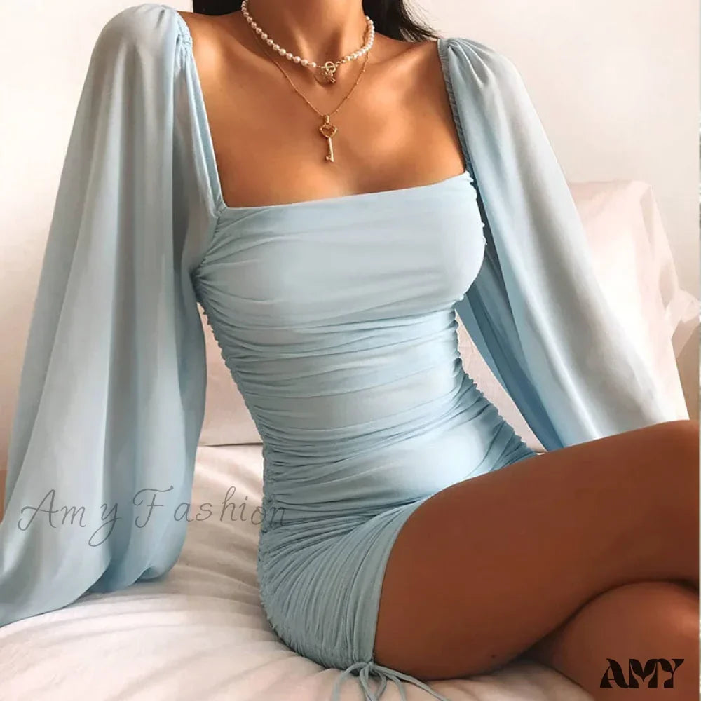 Ruched Square Neck Long Sleeve Bodycon Mini Dress 2