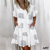 Script Print V-Neck Short Sleeve Tiered Mini Dress