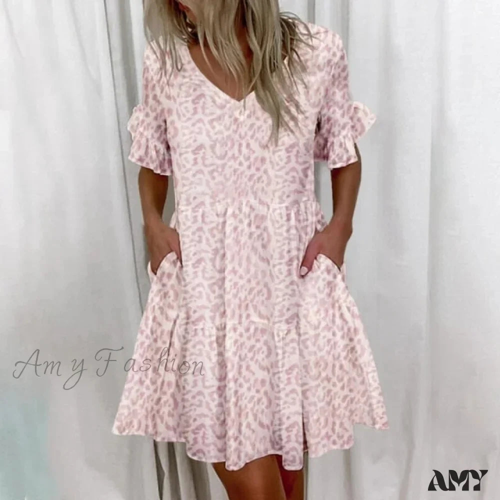 Script Print V-Neck Short Sleeve Tiered Mini Dress 6