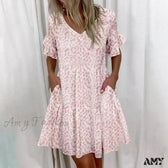 Script Print V-Neck Short Sleeve Tiered Mini Dress 6