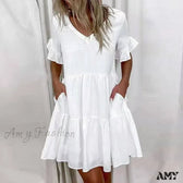 Script Print V-Neck Short Sleeve Tiered Mini Dress 5
