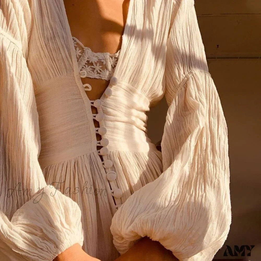 Deep V-Neck Long Sleeve Button Front High Split Maxi Dress 2