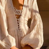 Deep V-Neck Long Sleeve Button Front High Split Maxi Dress 2