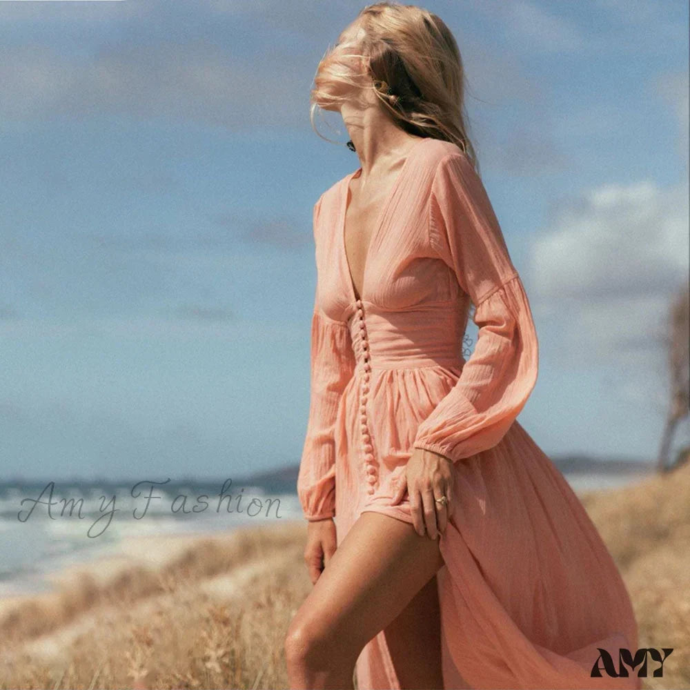 Deep V-Neck Long Sleeve Button Front High Split Maxi Dress 4