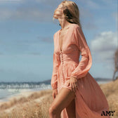 Deep V-Neck Long Sleeve Button Front High Split Maxi Dress 4