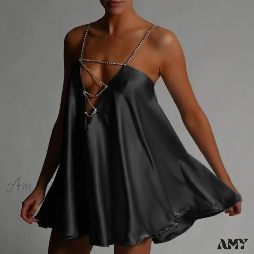 Rhinestone Strap Deep V-Neck Satin Slip Mini Dress 2