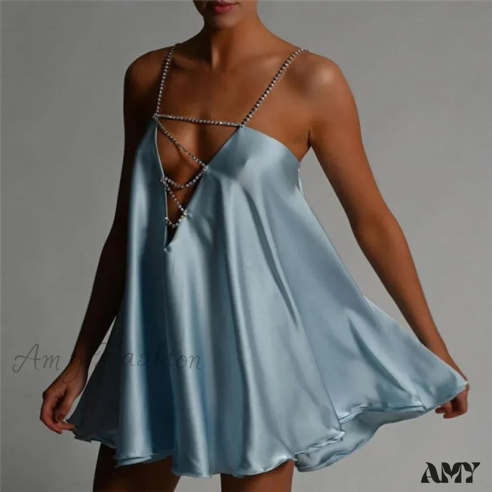 Rhinestone Strap Deep V-Neck Satin Slip Mini Dress 6