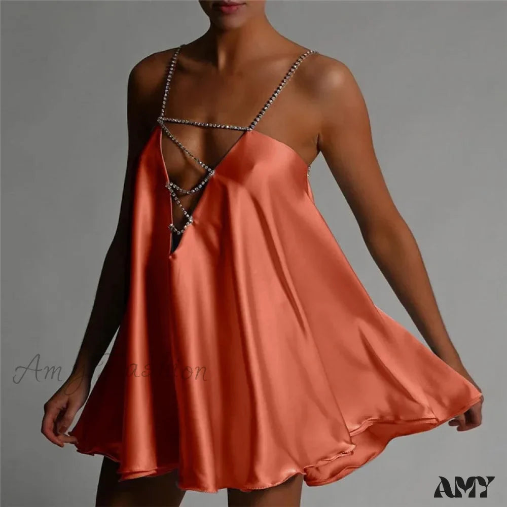 Rhinestone Strap Deep V-Neck Satin Slip Mini Dress