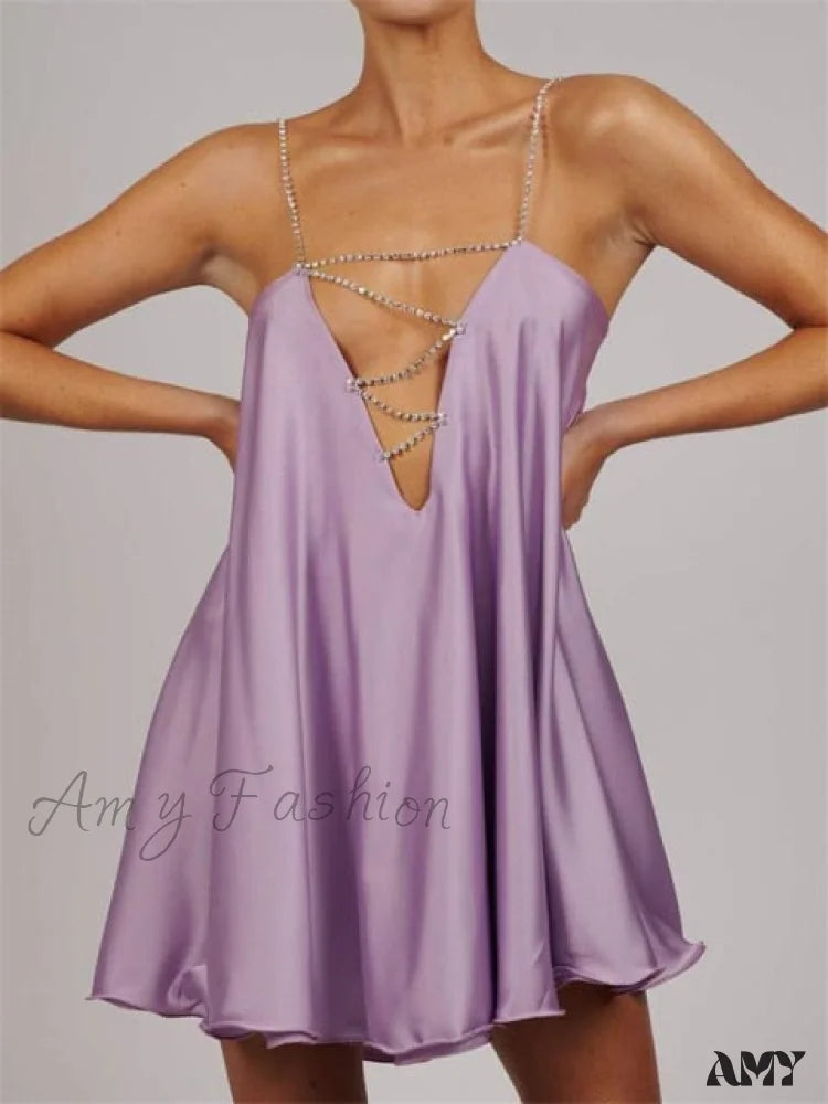 Rhinestone Strap Deep V-Neck Satin Slip Mini Dress 3