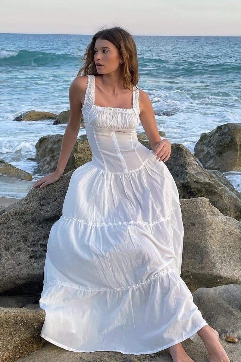 Square Neck Corset Button Front Tiered Maxi Dress