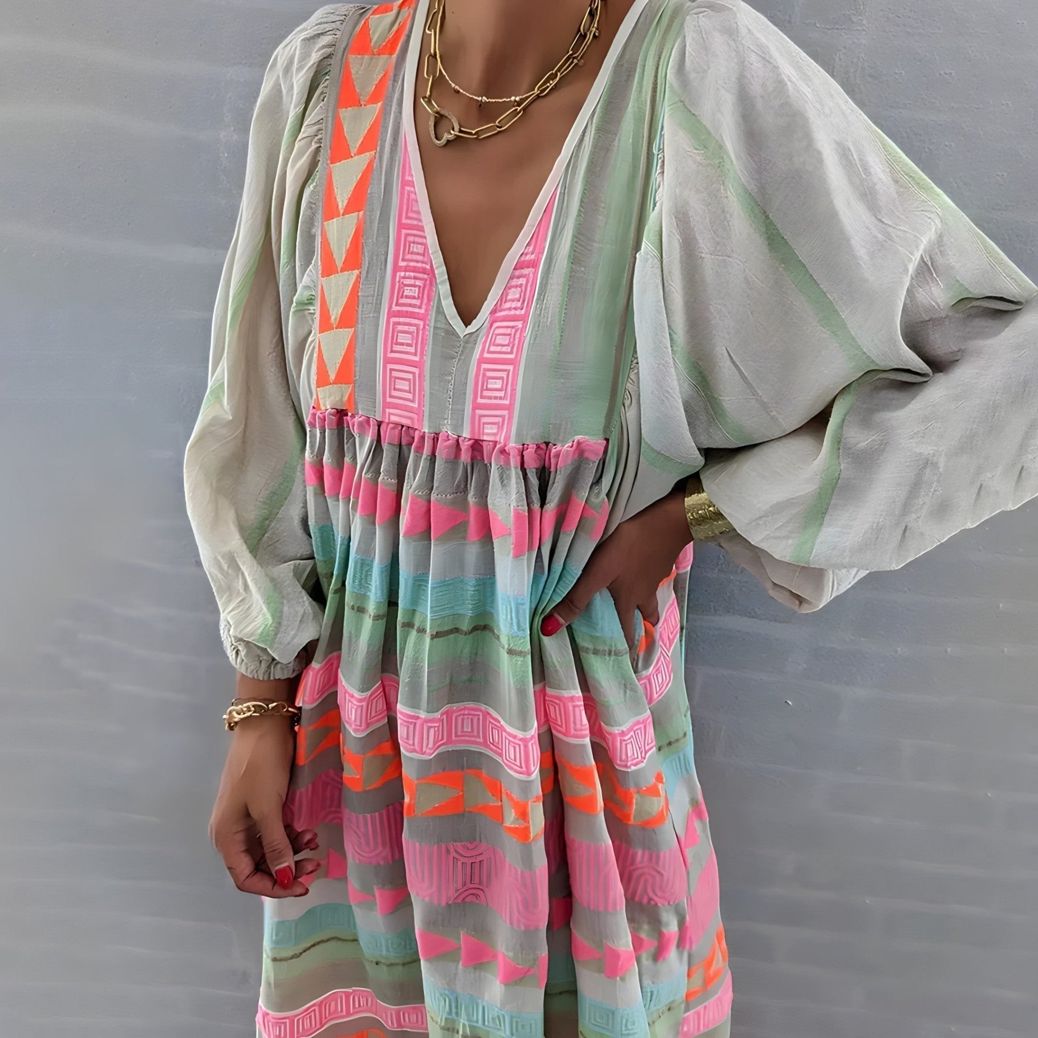 Deep V-Neck Puff Sleeve Embroidered Stripe Tiered Midi Dress