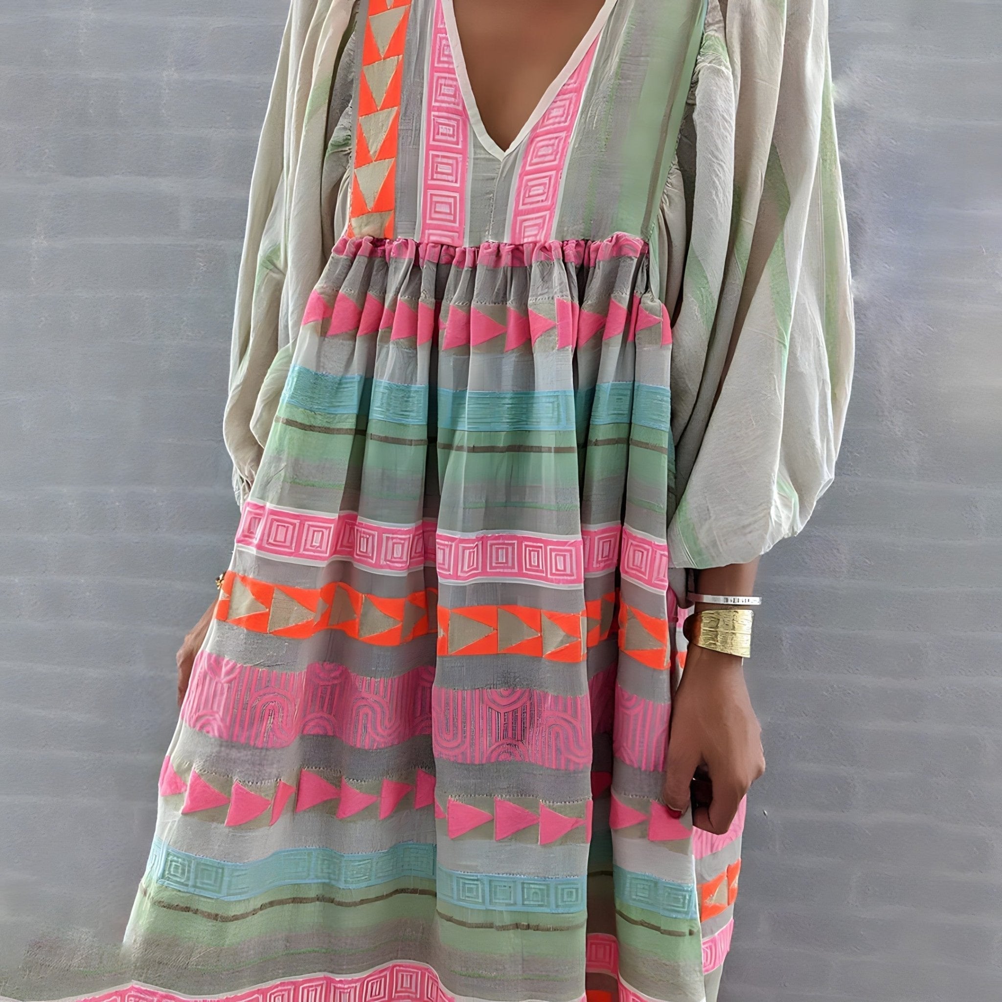 Deep V-Neck Puff Sleeve Embroidered Stripe Tiered Midi Dress