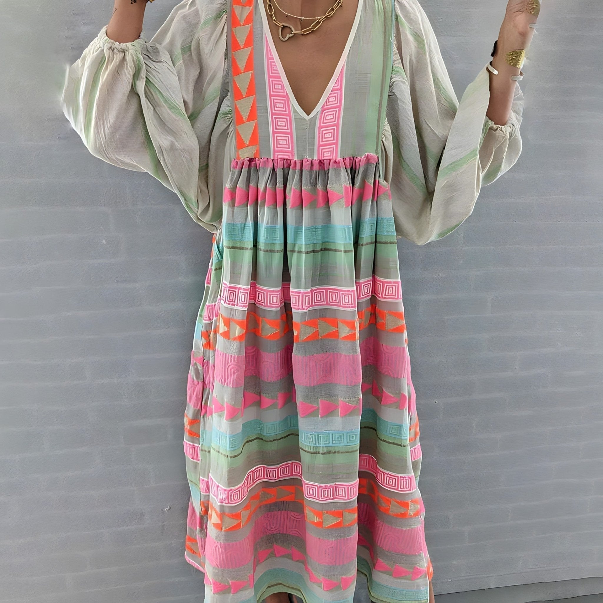 Deep V-Neck Puff Sleeve Embroidered Stripe Tiered Midi Dress