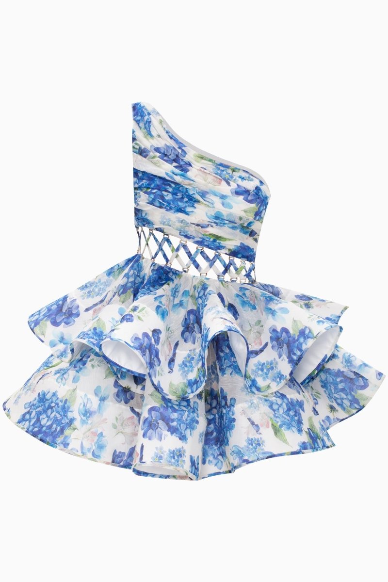 Floral One Shoulder Lace Up Tiered Ruffle Mini Dress 6