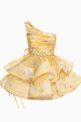 Floral One Shoulder Lace Up Tiered Ruffle Mini Dress 13