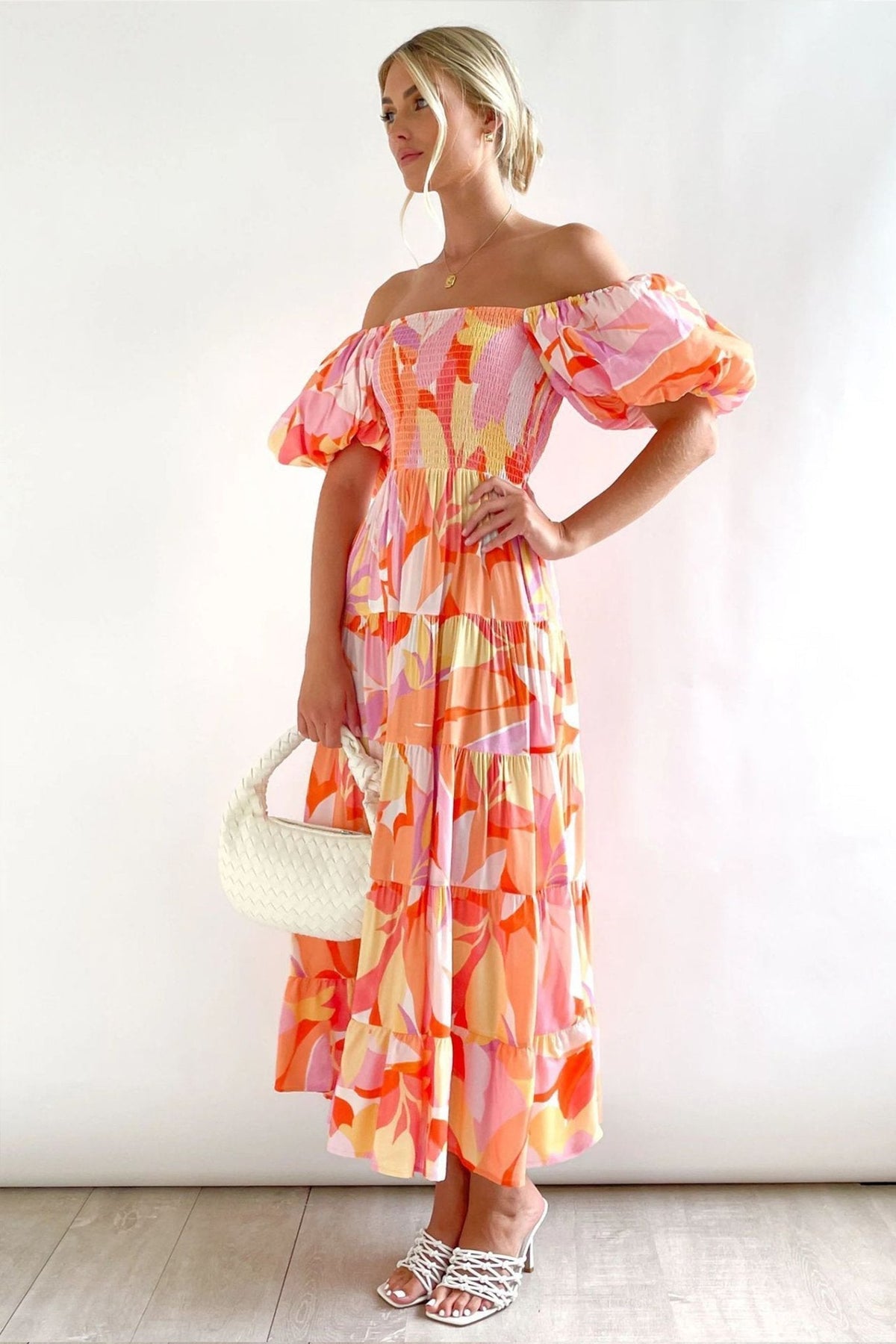 Abstract Print Off Shoulder Puff Sleeve Smocked Tiered Maxi Dress