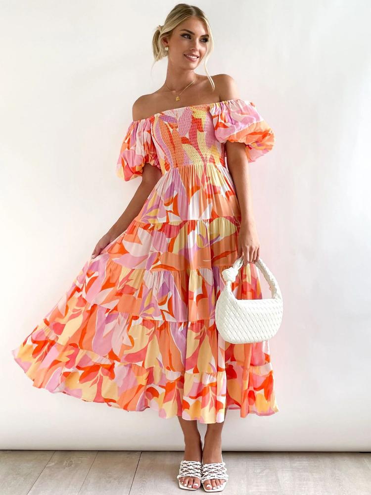 Abstract Print Off Shoulder Puff Sleeve Smocked Tiered Maxi Dress 2