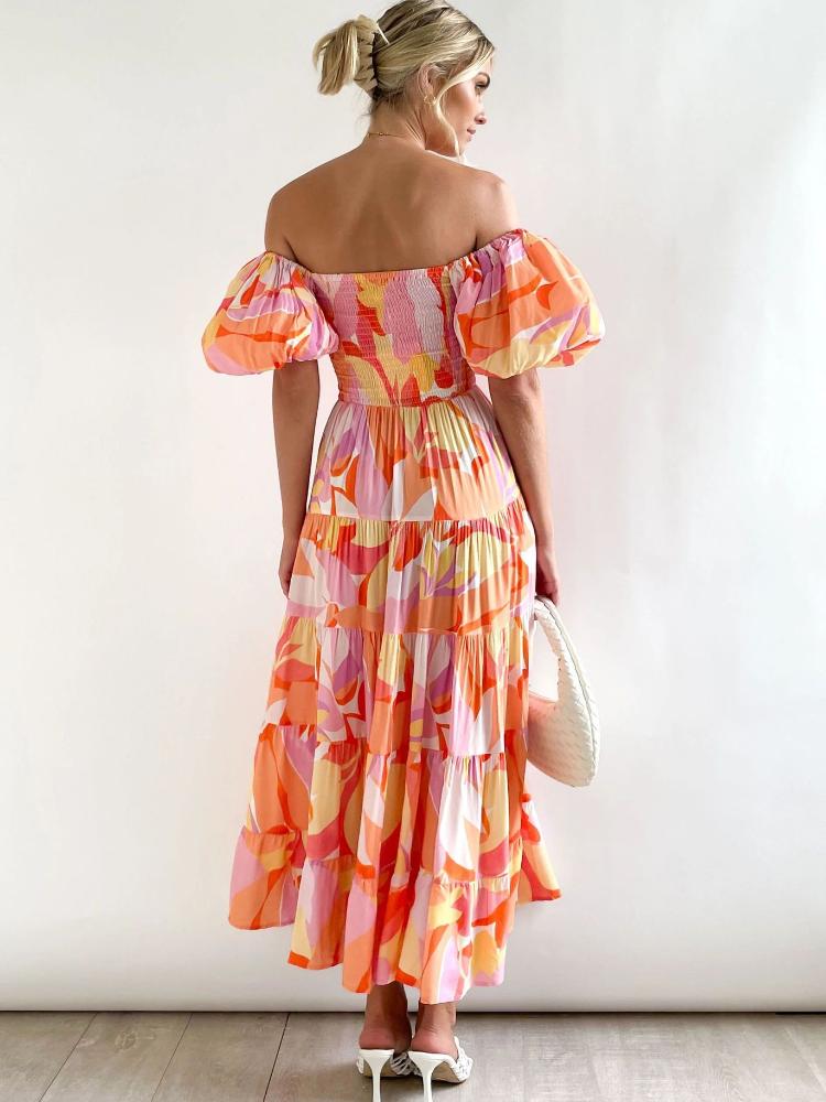 Abstract Print Off Shoulder Puff Sleeve Smocked Tiered Maxi Dress 3