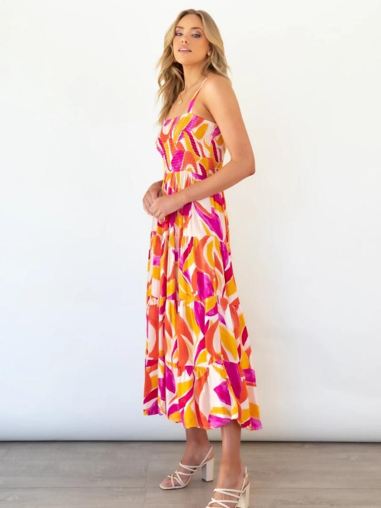 Zulema Effortless Printed Tiered Maxi Summer Dress with Ruched Bodice Boutique Collection