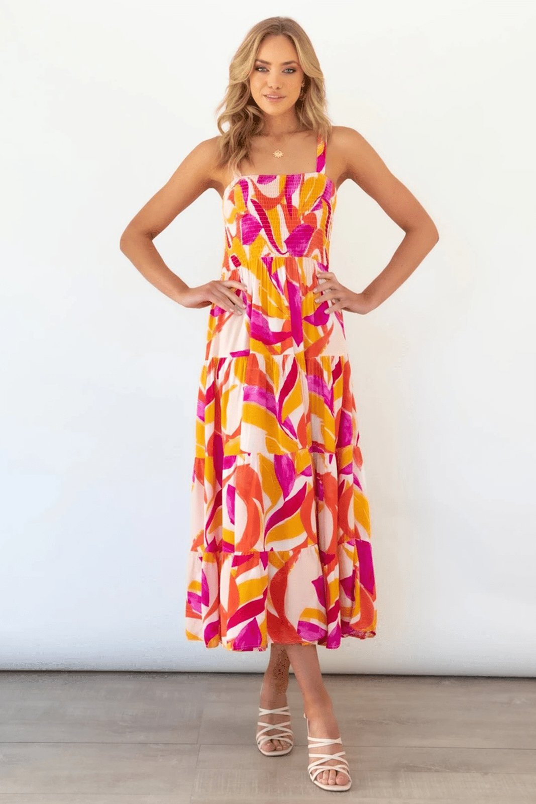 Abstract Print Square Neck Smocked Bodice Tiered Midi Summer Dress