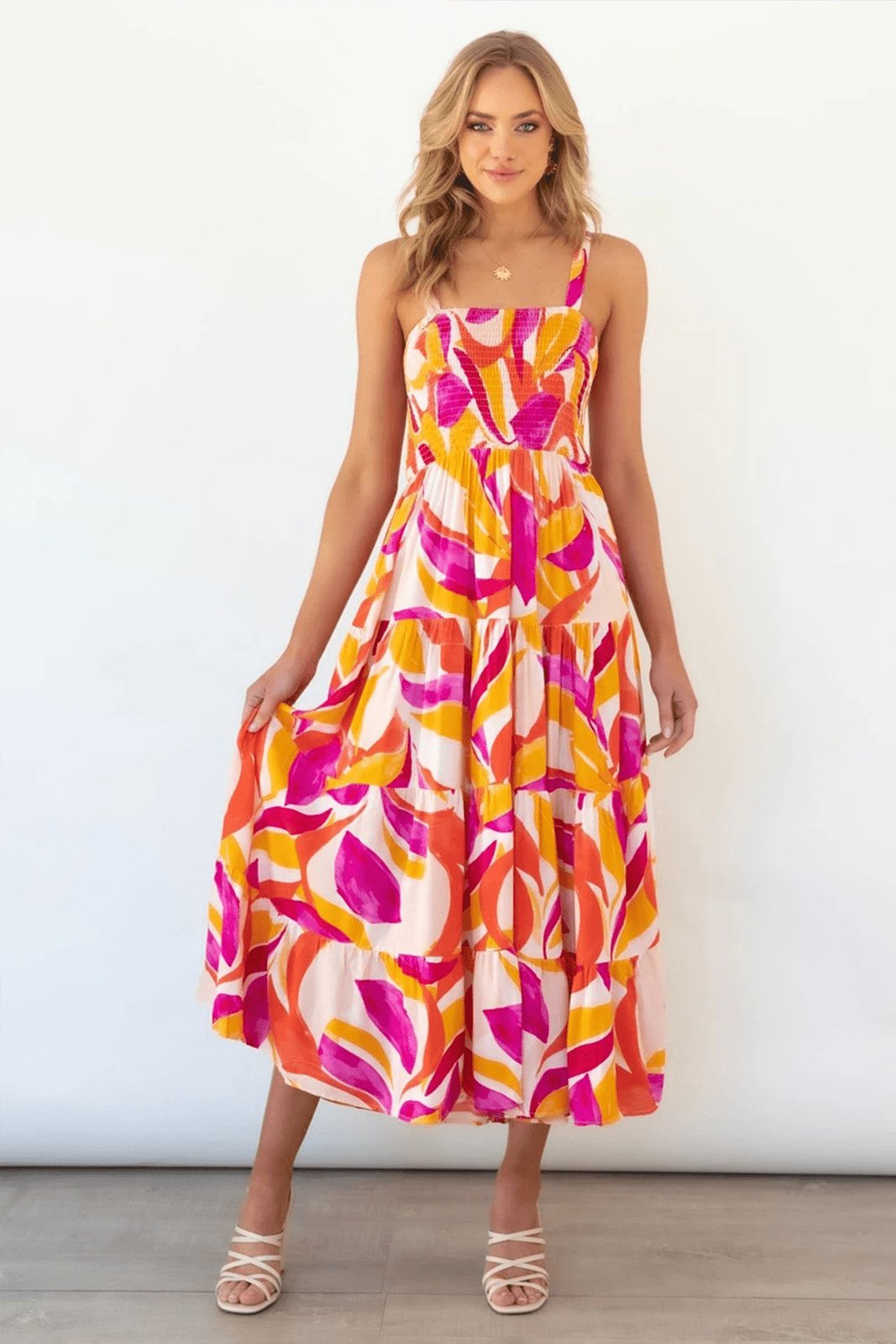 Abstract Print Square Neck Smocked Bodice Tiered Midi Summer Dress 5