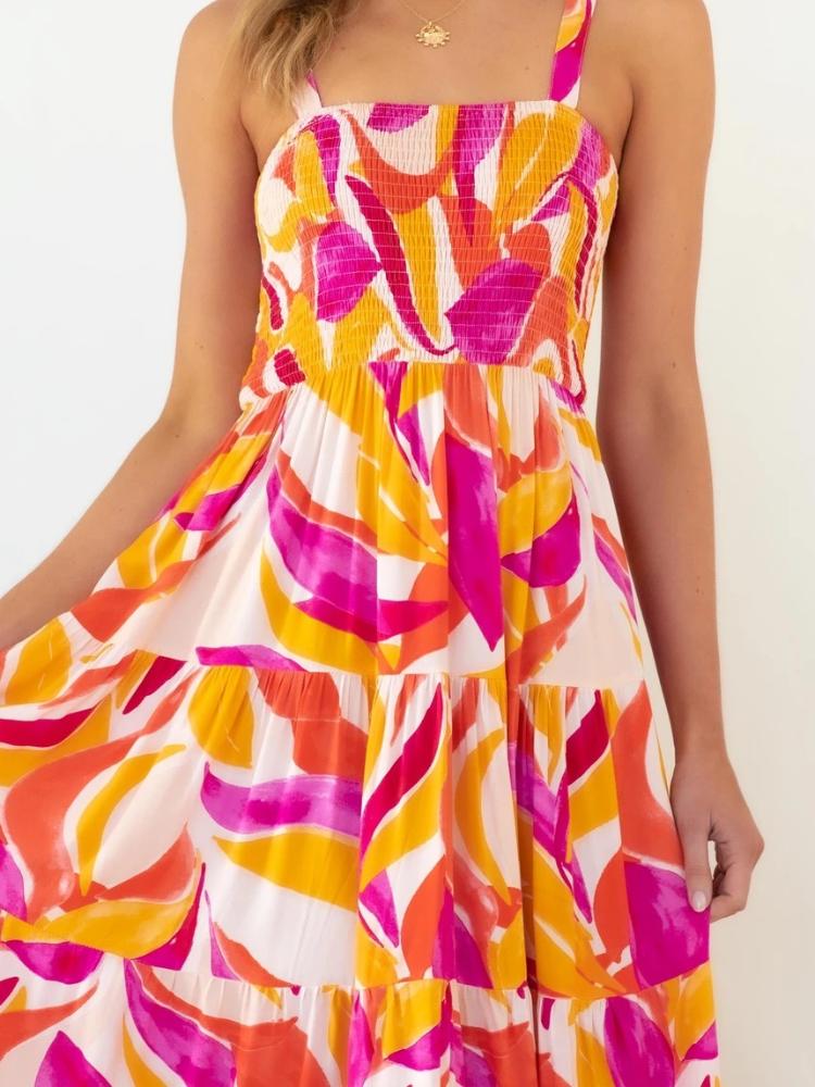 Abstract Print Square Neck Smocked Bodice Tiered Midi Summer Dress 4
